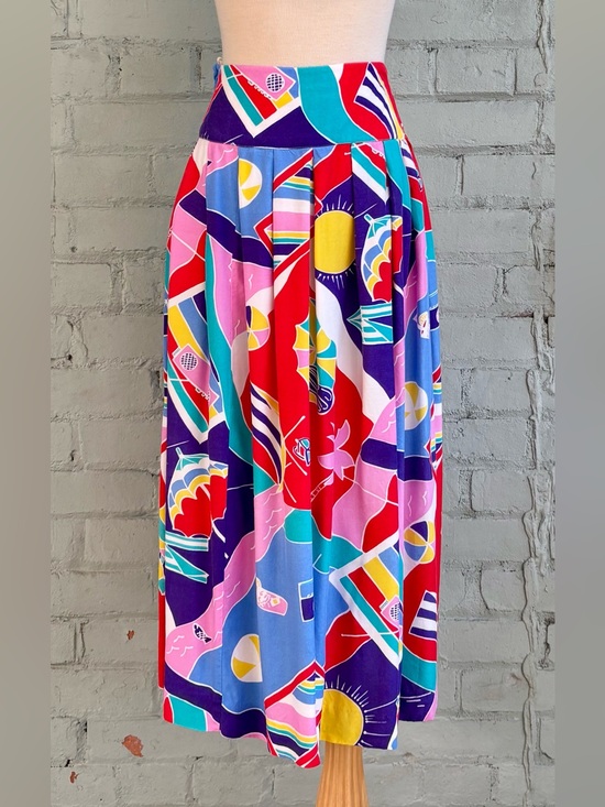 Vintage Dresses & Skirts - Vintage 1980s Colourfup Novelty Beach Print Pleated Midi Skirt